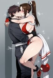 1boy 1girl against_wall ai_generated assertive_female bare_shoulders black_gloves blush breasts brown_eyes brown_hair cleavage clothing couple fatal_fury female fingerless_gloves french_kiss from_side gloves height_difference hetero high_ponytail hug japanese_clothes kimono king_of_fighters kiss large_breasts legs long_hair looking_at_another mai_shiranui male ninja nyanclaire pelvic_curtain ponytail revealing_clothes rope sash shimenawa shiranui_mai short_hair sideboob socks standing standing_on_one_leg steam steaming_body stirrup_legwear sweat tabi thick_thighs thighs tiptoes toeless_legwear