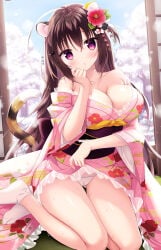 1girl animal_ears ass_visible_through_thighs blush breasts brown_hair cameltoe cherry_blossoms closed_mouth clothes_lift collarbone crossed_bangs dot_mouth floral_print flower frilled_kimono frills hair_between_eyes hair_flower hair_ornament hairclip highres japanese_clothes kimono kimono_lift large_breasts long_hair looking_at_viewer original pink_kimono print_kimono purple_eyes shiromochi_sakura sidelocks sitting socks solo tail thighs tiger_ears tiger_tail white_socks