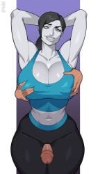 1boy 1girls armpits arms_behind_head arms_up artist_name black_hair black_pants blue_sports_bra breasts cleavage collarbone colored_skin covered_nipples crop_top curvy disembodied_limb disembodied_penis female grabbing grabbing_another's_breast grabbing_from_behind grey_eyes grey_hair grey_skin grin grinding groping hetero huge_breasts large_breasts leggings legs_together lips long_hair looking_at_viewer male mature_female midriff muscular navel outercourse pants penis ponytail purple_background smile solo_focus spandex sports_bra standing standing_sex tank_top thick_thighs thigh_sex thighjob thighs tight_clothes tight_pants white_skin wide_hips wii_fit wii_fit_trainer wii_fit_trainer_(female) yoga_pants zpark