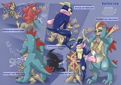 anthro ball_gag bodily_fluids breasts chastity_cage chastity_device cuckold cum cum_drip cum_in_mouth cum_in_vagina cum_inside cum_on_penis doggystyle dominant dominant_male dripping felid fellatio female female_penetrated feraligatr from_behind_position full_nelson gag generation_2_pokemon generation_6_pokemon genital_fluids genitals greninja group hi_res kneeling lion male male/female male_penetrating male_penetrating_female mammal motion_lines nintendo nipples oral pantherine pawpads paws penetration penile penis pesdets pokemon pokemon_(species) pyroar sex sound_effects submissive submissive_male vaginal vaginal_penetration vulva wallet_family(pesdets)