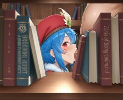 1boy 1girls ai_assisted ai_generated asian_female bleached blue_hair books bookshelf cape elf_ears hat huge_cock indie_virtual_youtuber interracial leaflit library looking_at_viewer peeking petite queen_of_hearts queen_of_hearts_tattoo raceplay red_eyes tagme virtual_youtuber vtuber