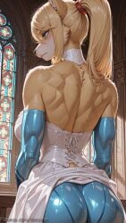 1girl ai_generated animal_ears ass back blonde_hair blue_eyes breasts church decurse dress elbow_gloves from_behind furry gloves large_breasts long_hair metroid muscular muscular_female ponytail samus_aran solo wedding_dress white_dress