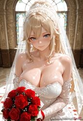 1girl ai_generated bangs bare_shoulders blonde_hair blue_eyes blush bouquet breasts bridal_veil church cleavage closed_mouth collarbone dress elbow_gloves flower genshin_impact gloves hair_between_eyes holding indoors jean_gunnhildr kermixx large_breasts long_hair looking_at_viewer petals ponytail red_flower red_rose rose shiny shiny_skin sidelocks smile solo strapless strapless_dress upper_body veil wedding_dress white_dress white_gloves