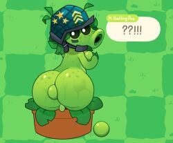 absurd_res anonymous_artist anthro armor backsack balls bead big_butt black_eyes bodily_fluids bodypaint butt electronic_arts elemental_creature face_paint flora_fauna freckled_butt freckled_face freckles genitals glistening glistening_body gradient gradient_tail green_body green_hair hair headgear helmet hi_res holding_object leaf leaf_hair looking_at_viewer looking_back male markings mega_gatling_pea_(pvz) military not_furry object_in_ass peashooter_(pvz) plant plant_hair plants_vs._zombies plants_vs._zombies_3 popcap_games pseudo_hair pupils silly simple_background small_balls solo suction_cup surprised sweat thick_thighs toony wet white_pupils