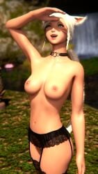 breasts cat_ears cat_tail choker final_fantasy_xiv garter_straps green_eyes green_nails lingerie looking_up miqo'te painted_nails stockings topless vargoatart white_hair y'mhitra_rhul