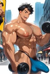 1boy 1male abs ai_generated arm_hair armpit_hair balls bara beautiful big_muscles big_nipples big_pecs big_penis black_hair chest_hair city civitai clothes cwhk dark_eyes dark_hair day daytime dumbbell erection facial_hair handsome handsome_man hot lifting lifting_weights male_focus multiple_boys multiple_girls muscle muscles muscular muscular_arms muscular_male navel nipples open_mouth outdoors pants pecs penis pubic_hair public public_exposure sexy sexy_body shiny_skin short_hair sweat sweaty teeth testicles thick thong tongue underwear veins veiny_arms working_out