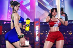 2girls 3d ass bottle brown_eyes brown_hair capcom chun-li fatal_fury game_screenshot hair_bun highres large_breasts long_hair mai_shiranui mod phone ponytail screenshotboy96 snk sports_bra sportswear street_fighter street_fighter_6 sweat tagme watermark
