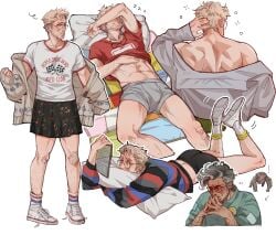 artist:kiodja belly blonde_hair boxers_(clothing) fully_clothed grey_hair horny male_only project_hail_mary rocky_(project_hail_mary) ryland_grace shoulders skirt sleeping thinking underwear