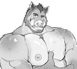 2021 beard big_nipples big_pecs fangs furry looking_at_viewer male monochrome muscular nose_piercing saltypoundcake simple_background smile solo veiny_muscles white_background wild_boar