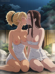 2girls ai_generated artkoikoi blonde_hair breast_grab breasts_out brown_hair koikoi onsen towel towel_only yuri