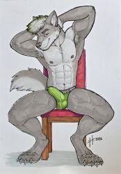 2026 abs anthro armpit_hair body_hair bulge canid canine canis chair clothed clothing dated detailed_bulge front_view fur furniture genital_outline green_clothing green_eyes green_hair green_jockstrap green_underwear grey_body grey_fur grey_tail hair hi_res hufnaar jockstrap looking_at_viewer male male_anthro mammal mouth_closed multicolored_hair muscular muscular_anthro muscular_male narrowed_eyes navel nipples on_chair pecs penis_outline shadow simple_background sitting sitting_on_chair solo tail topless two_tone_hair underwear white_background white_body white_fur white_hair white_tail wolf