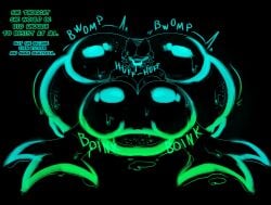 absurd_res big_breasts big_butt black_background black_body black_skin blue_body bob_cut breasts butt dialogue ears_up female freckles glistening glistening_body goo_creature goo_drip gradient_body green_body hair hi_res huge_breasts huge_butt humanoid hyper hyper_butt onomatopoeia open_mouth p0verteils simple_background solo sound_effects text thick_thighs wide_hips