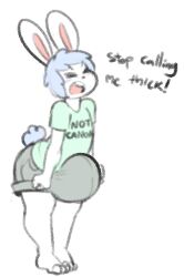 ! 2018 angstrom anthro big_bulge blue_hair bottomwear bulge closed_eyes clothing cub english_text hair huge_bulge hyper hyper_balls hyper_penis lagomorph leporid male male_only mammal marco_(angstrom) open_mouth rabbit shirt shorts solo text text_on_clothing text_on_shirt text_on_topwear topwear white_body yelling young