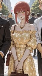 1girl 6+boys ai_generated bag bangs bare_shoulders blush bracelet braid braided_ponytail breasts chainsaw_man cleavage collarbone day decurse dress floral_print furry handbag heart holding jewelry long_hair looking_to_the_side makima_(chainsaw_man) medium_breasts multiple_boys necklace off-shoulder_dress off_shoulder open_mouth outdoors print_dress red_hair ring ringed_eyes sidelocks smile solo_focus yellow_dress yellow_eyes