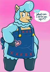 2021 alpaca animal_crossing anthro apron belly big_belly bulge button_(disambiguation) camelid clothing cyrus_(animal_crossing) dialogue hi_res male mammal nintendo overbite overweight overweight_male pompadour sinribbons solo video_games