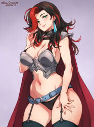 2025 accessory armor black_hair black_legwear black_panties black_underwear blue_belt breastplate breasts cape dark_deity_2 daughter_(lore) ear_piercing earings green_eyes green_gem green_gemstone grey_armor half_body legging_straps leggings long_hair looking_at_viewer medium_breasts minacream neckwear pinup red_highlights skimpy skimpy_armor thick_thighs two_tone_hair