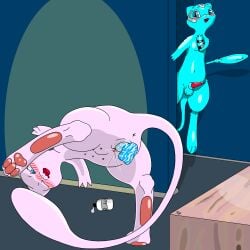 abdominal_bulge absurd_res animal_genitalia animal_penis anus aroused balls being_watched bent_over blue_body blue_eyes blue_fur blush blush_lines bodily_fluids clitoris dildo dildo_in_vagina dildo_insertion duo ejaculation erection feline_genitalia feline_penis female female_orgasm feral floating fur generation_1_pokemon genital_fluids genitals hi_res hinterlandseer inside legendary_pokemon looking_at_another looking_pleasured lube_bottle male mammal masturbation mew_(pokemon) multi_nipple navel nintendo nipples one_eye_closed open_mouth orgasm orgasm_face pawpads paws penetration penile_spines penis pink_body pink_pawpads pokemon pokemon_(species) presenting presenting_vulva raised_leg sex_toy sex_toy_in_vagina sex_toy_insertion sheath shiny_pokemon solo solo_focus spread_legs spreading vaginal vaginal_fluids vaginal_masturbation vaginal_penetration vaginal_squirting vulva