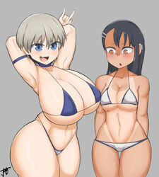 2girls alternate_breast_size arms_behind_back arms_behind_head arms_up big_breasts bikini blue_eyes blush breast_envy breasts brown_eyes cleavage crossover curvy devil_horns_(gesture) female female_focus female_only gesture grey_background hayase_nagatoro huge_breasts jealous jmvmaa long_hair navel open_mouth please_don't_bully_me,_nagatoro pose pov short_hair silver_hair simple_background small_breasts standing tanline tanned thick_thighs uzaki-chan_wa_asobitai! uzaki_hana watermark wide_hips