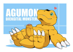 agumon anthro balls bandai_namco blush claws digimon digimon_(species) erection foreskin genitals green_eyes male male_only penis solo takataka