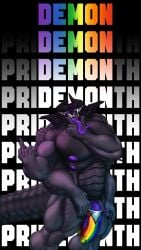 4_arms 6_eyes 9:16 absurd_res anthro balls banana_hammock big_muscles big_penis black_body bulge clothed clothing corinoch corinoch_(artist) cunnilingus_gesture genitals gesture hand_gesture hi_res horn huge_muscles huge_penis hyper hyper_muscles lgbt_pride lgbt_pride_month long_tongue looking_at_viewer male middle_finger multi_arm multi_eye multi_limb musclegut muscular muscular_male nipples penis pri(demon)th pride_color_clothing pride_colors purple_nipples purple_penis purple_tongue rude_gesture scales solo speedo speedo_only suggestive suggestive_gesture swimwear tongue tongue_between_fingers topless white_face