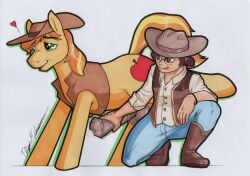 animal_genitalia animal_penis balls bestiality braeburn_(mlp) cowboy duo equid equine equine_genitalia equine_penis erection feral friendship_is_magic genitals hair handjob hasbro hi_res horse human human_on_feral interspecies male male/male mammal my_little_pony penile penis pony rotten_owl sex simple_background traditional_media_(artwork) white_background