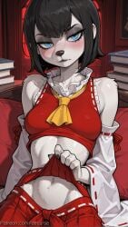 1girl abs ai_generated ascot black_hair blue_eyes blush book breasts clothes_lift cosplay decurse detached_sleeves eyeshadow furry furry_female looking_at_viewer mavis_dracula medium_breasts midriff navel nontraditional_miko red_skirt ribbon-trimmed_sleeves ribbon_trim short_hair sitting skirt solo yellow_ascot