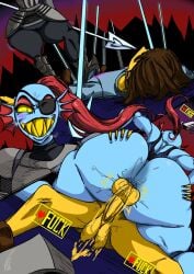 ambiguous_penetration armor armored_female artsbenc ass ass_focus cowgirl_position defeated defeated_hero fat_ass femdom frisk sex smile smiling spread_ass undertale undertale_(series) undyne