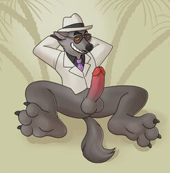 anthro balls blueballs_(artist) bottomless canid canine canis clothed clothing erection eyewear facial_hair feet foot_focus genitals hat headgear headwear hi_res humanoid_genitalia humanoid_penis male male_only mammal moustache mr._wolf_(the_bad_guys) penis solo sunglasses the_bad_guys wolf