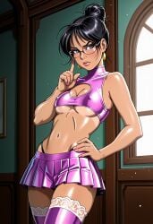 1girl ai_generated crop_top gary_roberts glasses hairbun microskirt thong_panties