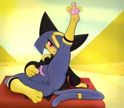 anthro anus big_clitoris black_nails blue_body clitoris colored_nails feet female genitals hi_res looking_at_viewer multicolored_body nails nyx_hdp pal_(species) palworld pawpads paws personal_grooming pocketpair red_eyes sekhmet_(pal) solo spread_legs spread_toes spread_vulva spreading tail toes vulva
