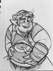 artist_request barley_lightfoot belly belly_grab chubby disney elf gay male male_only monochrome onward_(2020) pixar source_request tagme traditional_media