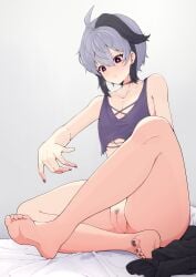 1girls androgynous bed black_nail_polish blushing bottomless crop_top feet feet_focus flat_chest girl's gynoid_talk hairy_pussy heavy_breathing innie_pussy innie_vulva labia labia_majora pants_down pants_removed pubic_hair purple_crop_top purple_eyes purple_shirt purple_topwear pussy pussy_hair pussy_juice pussy_juice_string pussy_juice_trail shorts_aside shorts_down sitting_on_bed small_breasts tomboy touching_own_pussy touching_pussy touching_self two-tone_hair v_flower vocaloid vulva wet_pussy white_hair