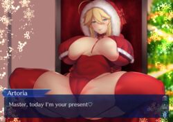 1girls artoria_pendragon artoria_pendragon_(lancer) aster_crowley breasts christmas english_text fate_(series) seductive sitting snowing solo spread_legs text thighs xmas