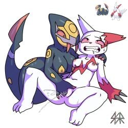 1:1 2026 3_fingers 3_toes 5_fingers absurd_res alpha_channel anthro anthrofied apode areola arm_tuft big_breasts black_body black_finger_claws bodily_fluids breasts chest_tuft claws clenched_teeth collarbone digital_media_(artwork) draconcopode duo ejaculation eyelashes fangs feet female female/female female_anthro finger_claws fingering fingering_partner fingers fur generation_3_pokemon genital_fluids genitals gloves_(marking) hand_on_another's_shoulder hand_on_shoulder hi_res knee_tuft leg_tuft legless looking_pleasured markings medium_breasts multicolored_body multicolored_fur navel nintendo nipples nude nude_anthro nude_female pink_areola pink_eyes pink_fangs pink_nipples pink_nose pokemon pokemon_(species) purple_body red_body red_fur red_markings safersophieroth serpentine seviper sex shoulder_tuft simple_background spread_legs spreading sweat teeth toes tuft vaginal vaginal_fingering vaginal_fluids vaginal_fluids_on_hand vaginal_squirting vulva watermark white_body white_fur yellow_body zangoose