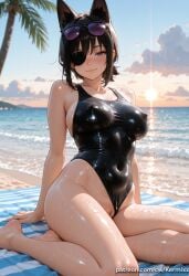 1girl ai_generated animal_ears bangs bare_shoulders barefoot beach black_hair black_one-piece_swimsuit blue_eyes blush breasts cat_ears chainsaw_man clothing_aside cloud covered_navel covered_nipples day eyepatch eyewear_on_head himeno_(chainsaw_man) kermixx large_breasts looking_at_viewer mole ocean one-piece_swimsuit outdoors palm_tree pussy shiny shiny_skin short_hair sitting sky smile solo sun sunglasses swimsuit towel tree water wet