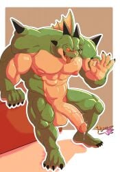 abs anthro balls barazoku biceps big_balls big_penis blush dragon dragon_ball dragon_ball_z erection genitals gesture green_body green_scales hand_gesture hi_res horn huge_balls huge_penis humanoid_genitalia humanoid_penis looking_at_viewer male muscular muscular_anthro muscular_male mythological_creature mythological_scalie mythology nipples no_pupils nude ok_sign ougon pecs penis porunga red_eyes scales scalie simple_background solo spikes tongue tongue_out vein veiny_penis
