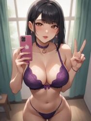 ai_generated asian big_breasts big_butt black_hair blushing brown_eyes choker cute_face female hourglass_figure large_breasts pale_skin peace_sign phone purple_underwear selfie