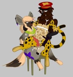 after_sex angry animal_genitalia animal_penis avian balls baton beak big_balls blonde_hair bodily_fluids breasts canid canine canine_genitalia canine_penis chair claws clothing cock_and_ball_torture cum cum_in_vagina cum_inside cum_on_balls cum_on_beak cum_on_breasts cum_on_chest cum_on_face cum_on_leg dominant dominant_female duo ear_piercing ear_ring ejaculation eyewear feathers felid feline female feral fox furniture genital_fluids genital_torture genitals glasses grabbing_neck gryphon hair hat headgear headwear hi_res hybrid jewelry lifting_balls looking_down male male/female mammal multi_breast mythological_avian mythological_creature mythology necklace paws penis piercing ring_piercing simple_background sitting smile spots submissive submissive_male tail villegreen vulva whiskers wide_hips wings yellow_body