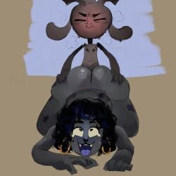 ali_(big-fig) anthro aquatic ass_up big-fig big_butt black_hair black_spots blue_background blue_highlights blue_tongue blush bodily_fluids bovid breath butt butt_grab caprine caprine_demon curved_horn darkened_nipples demon ear_piercing ear_ring fangs female flipper_hands floppy_ears from_behind_position front_view glistening glistening_body goat_demon gold_(metal) gold_ear_ring grey_background grey_body gynomorph_(lore) hair hand_on_butt hi_res highlights_(coloring) hoop_ear_ring horn larger_sub lying male male/female mammal markings mole_(marking) on_front open_mouth piercing pinniped rear_admiral_position ring_piercing seal sex simple_background size_difference skinny_male slappy_(big-fig) spots submissive sweat sweatdrop tears tears_of_pleasure teeth tongue trans_(lore) trans_woman_(lore) wide_hips