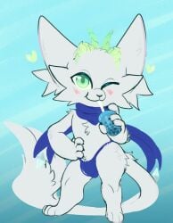 anthro beverage blush bubble_tea bulge bunzillaking cheek_tuft chest_tuft claws clothing container cup digitigrade drinking drinking_straw ear_tuft facial_tuft fai_(character) green_eyes green_horn hand_on_hip hi_res horn league_of_legends long_tail looking_at_viewer male one_eye_closed paws riot_games sassy scarf solo standing tail tencent thong tuft underwear white_body wink winking_at_viewer yordle