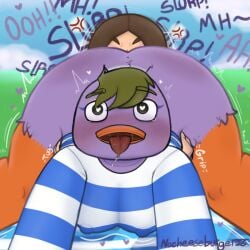 anal anatid animal_crossing anseriform anthro avian beak big_breasts big_butt bird black_eyes blue_clothing blue_topwear blush bodily_fluids bottomless breasts butt clothed clothing duck duo eyelashes female female/female front_view head_tuft heart_eyes heart_symbol human mallary_(animal_crossing) mammal nintendo nipple_outline nocheeseburger oral pattern_clothing pattern_topwear rimming saliva sex striped_clothing striped_topwear stripes text thick_thighs tongue tongue_out topwear tuft white_clothing white_topwear wide_hips