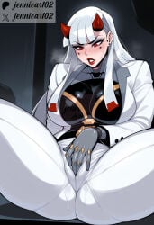 1girl ai_generated artist_name ass blunt_bangs blush bodysuit breasts clothing cyborg demon_girl demon_horns ear_piercing female female_masturbation fingering formal horns jacket jennieart02 large_breasts lipstick long_hair long_sleeves looking_down makeup masturbation masturbation_through_clothes omnic overwatch overwatch_2 pants patreon_logo patreon_username pussy_juice red_eyes red_lips shion_(overwatch) sitting skin_tight solo spread_legs suit sweat thick_thighs thighs white_hair white_pants white_suit