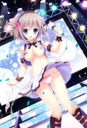 1girl :d bare_shoulders black_boots black_hairband blue_eyes blush boots breasts brown_hair cameltoe cat_hair_ornament clothes_lift crop_top crop_top_overhang feet_out_of_frame hair_between_eyes hair_ornament hairband hand_up head_tilt holding holding_microphone idol knee_boots looking_at_viewer medium_breasts microphone nipples one_side_up open_mouth original panties pink_panties pleated_skirt puffy_short_sleeves puffy_sleeves shirt shiwasu_horio short_hair short_sleeves skirt skirt_lift smile solo stage_lights standing torn_clothes underwear white_skirt