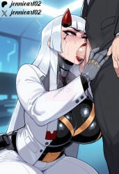 1boy 1girl ai_generated android belt black_suit blunt_bangs blush bodysuit breasts clothing cyborg fellatio female formal hetero hime_cut horns jacket jennieart02 joints kneeling large_breasts lipstick long_hair long_sleeves looking_up makeup male mechanical_arms omnic one_eye_closed open_clothes open_jacket oral overwatch overwatch_2 pants patreon_username penis red_eyes red_eyeshadow red_horns red_lips robot_joints saliva shion_(overwatch) solo_focus suit sweat tearing_up tears testicles white_hair white_jacket white_pants white_suit