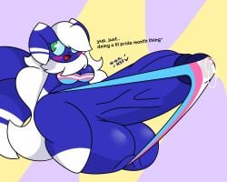 1futa balls big_penis bikini bikini_bottom bikini_top blue_skin breasts dialogue futanari ggil hyper hyper_penis meowstic penis pokemon pokemon_(species) pokemon_xy pride_color_clothing pride_colors pride_month text trans_(lore) trans_flag trans_woman white_fur
