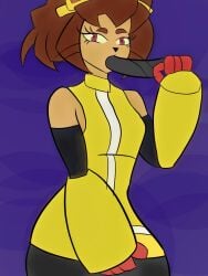 3:4 anthro brown_body brown_hair felid feline female gameoverse glitch_productions hair hi_res intersex intersex/female kit_bodega mammal oral purple_eyes sex_toy solo t51946