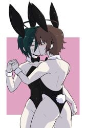 2boys blue_hair brown_hair bunny_boy bunny_costume bunnysuit danganronpa_v3 gay kissing original_character saihara_shuuichi yaoi
