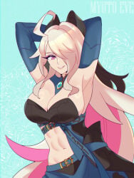 alternate_hairstyle arms_behind_head bahamut_(dragalia_lost) character_request cygames dragalia_lost eye_color_change eyeshadow female female_focus female_only hair_color_change hair_covering_eye huge_breasts multicolored_hair myutoeve nintendo original original_character pink_eyes pink_hair posing possessed possession seductive seductive_pose smile smiling tagme tagme_(character) white_hair zethia_(dragalia_lost)