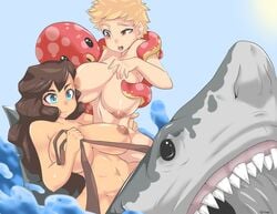 2girls blonde_hair breasts brown_hair carrie_fulton cavewoman grabbing_from_behind lebichou lesbian long_hair meriem_cooper multiple_girls naked nude octopus riding sea shark short_hair tentacle yuri