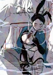2boys alternate_costume big_pecs bikini blush bulge bunny_ears cigarette clenched_teeth crossdressing detached_collar fishnets gay gegege_no_kitarou gloves jacket_on_shoulders kitarou_tanjou_gegege_no_nazo male male_only male_playboy_bunny medama_oyaji_(human) mizuki_(gegege_no_kitarou) necktie necktie_between_breasts partially_colored pecs pectoral_cleavage smoking solo_focus sweat thighhighs turbine_tree yaoi